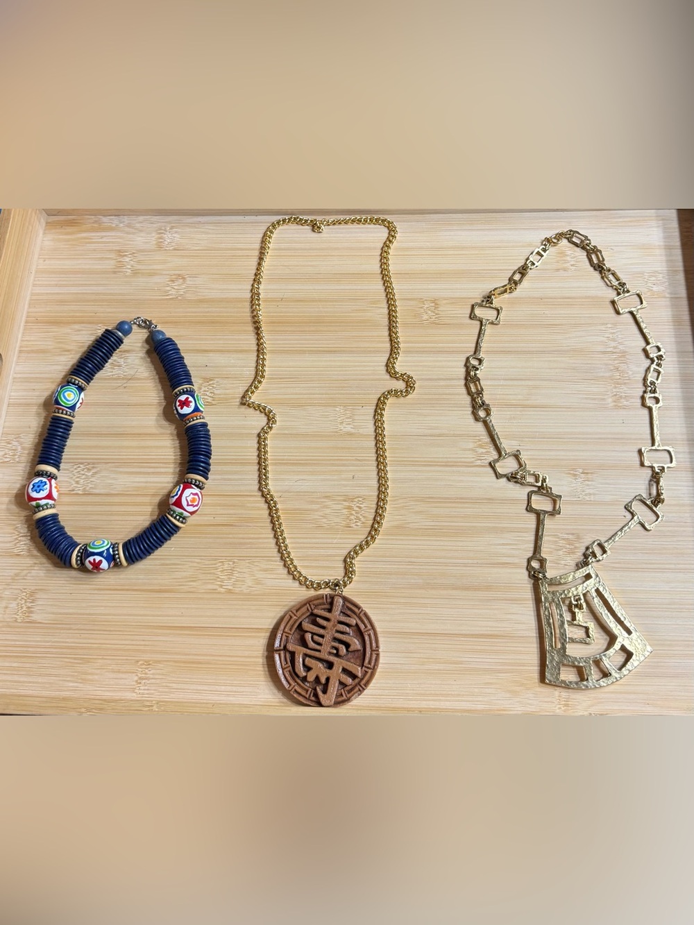 Vintage Necklace Lot of 3 Disc Beaded, Coco Joe’s Hapa Wood, 1980s Modernist